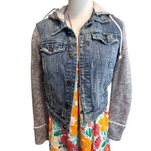Free People Blue Hood Distressed Denim/Knit Jean Jacket. Size: XS/P